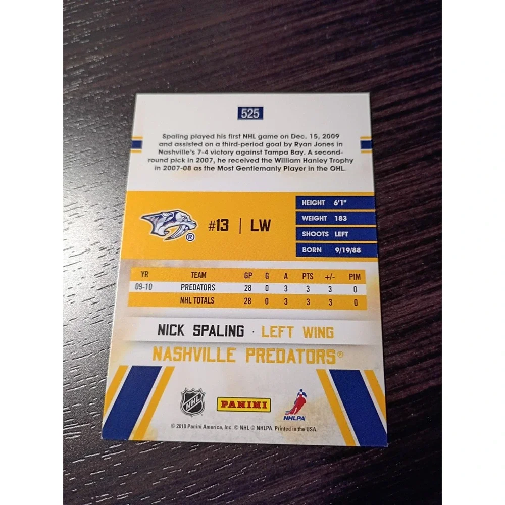 2010 Score Hot Rookies Nashville Predators Nick Spaling Hockey Card #525